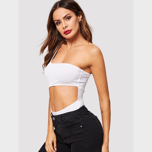 White Cut Out Asymmetrical One Shoulder Bodysuit - Picture 4 of 6